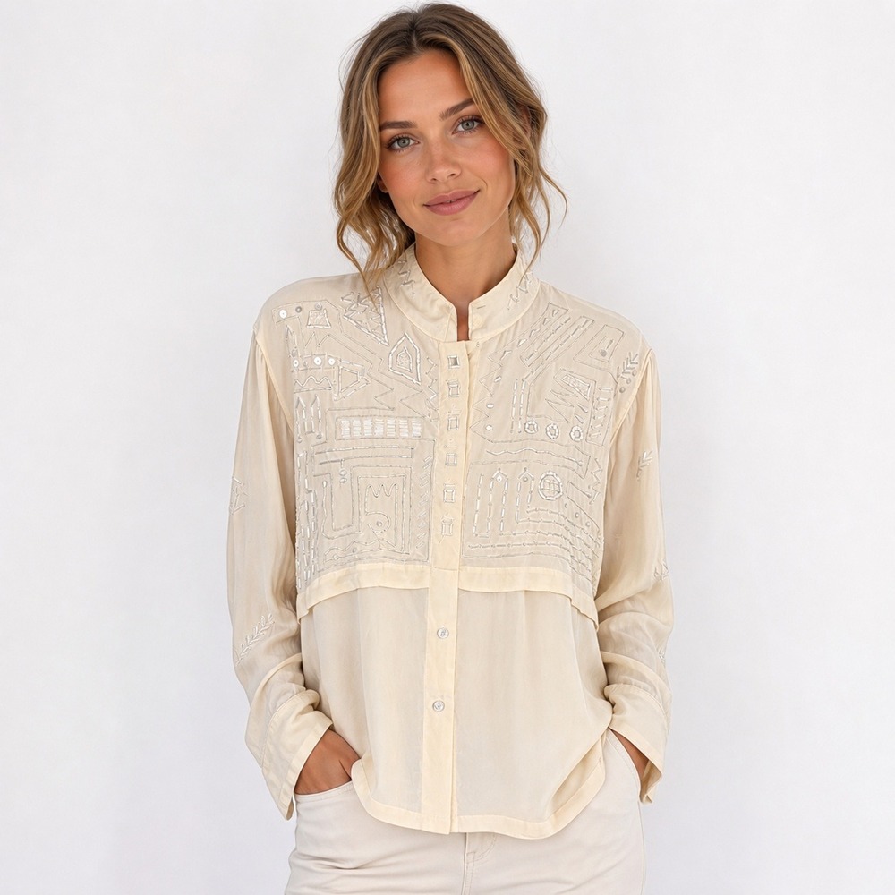 Della Roufogali 100% Silk Beaded Sequin Ivory Blouse Women's Size 10